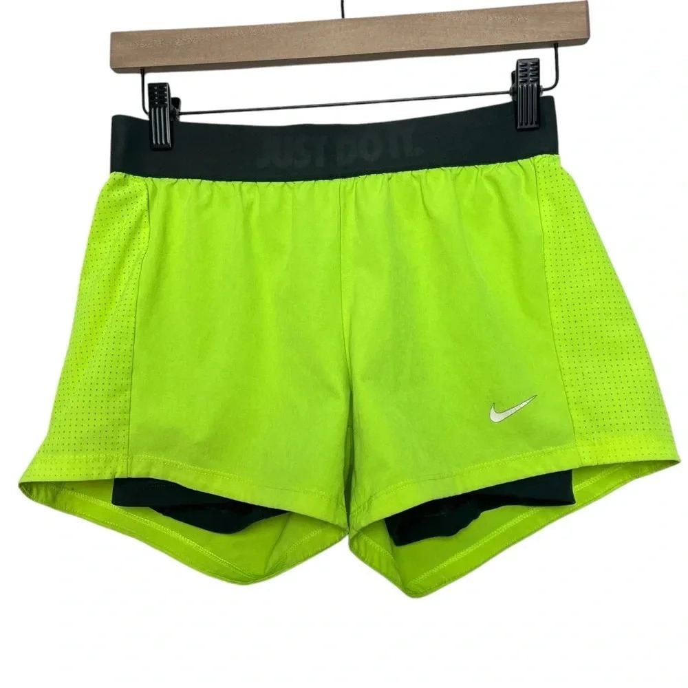 Nike Dri-Fit Neon Yellow Running Shorts with Gray Lined Spandex Women's Size XS